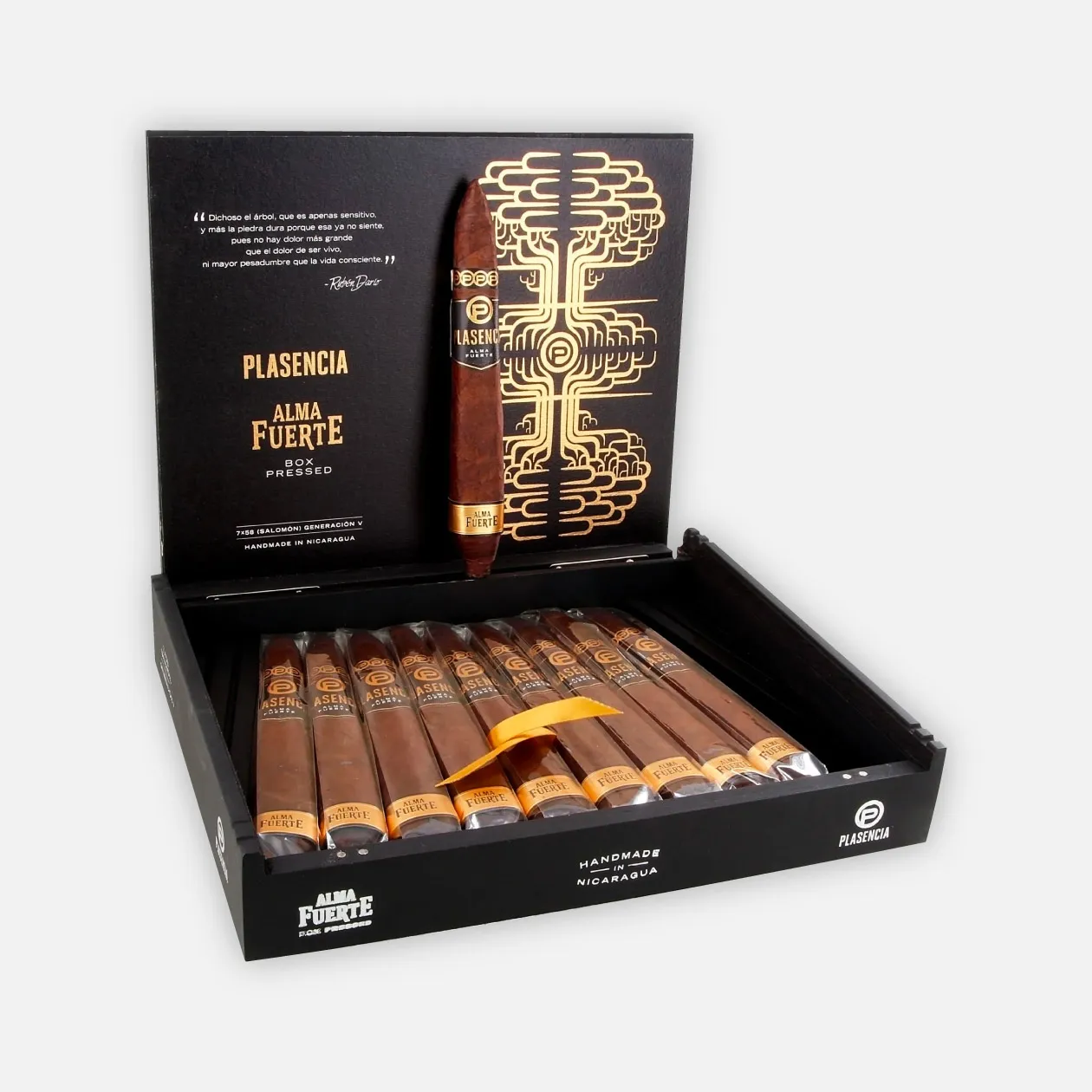 Plasencia Alma Fuerte cigars, luxury box-pressed presentation.