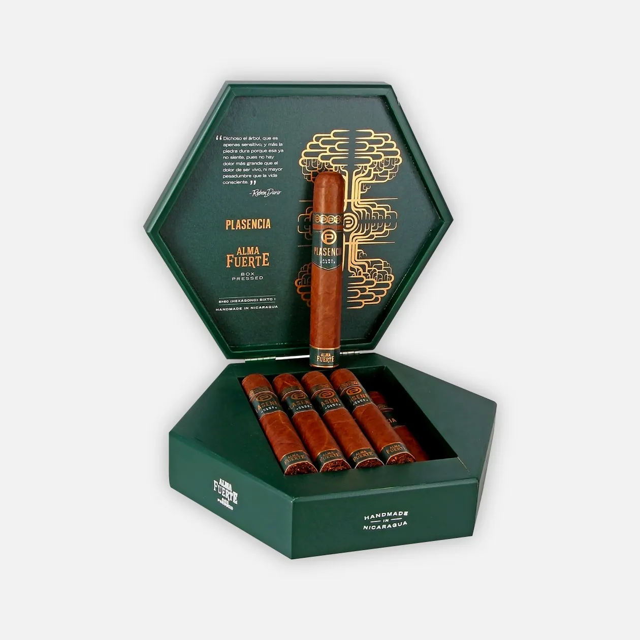 Plasencia Alma Fuerte cigars in a hexagonal luxury box.