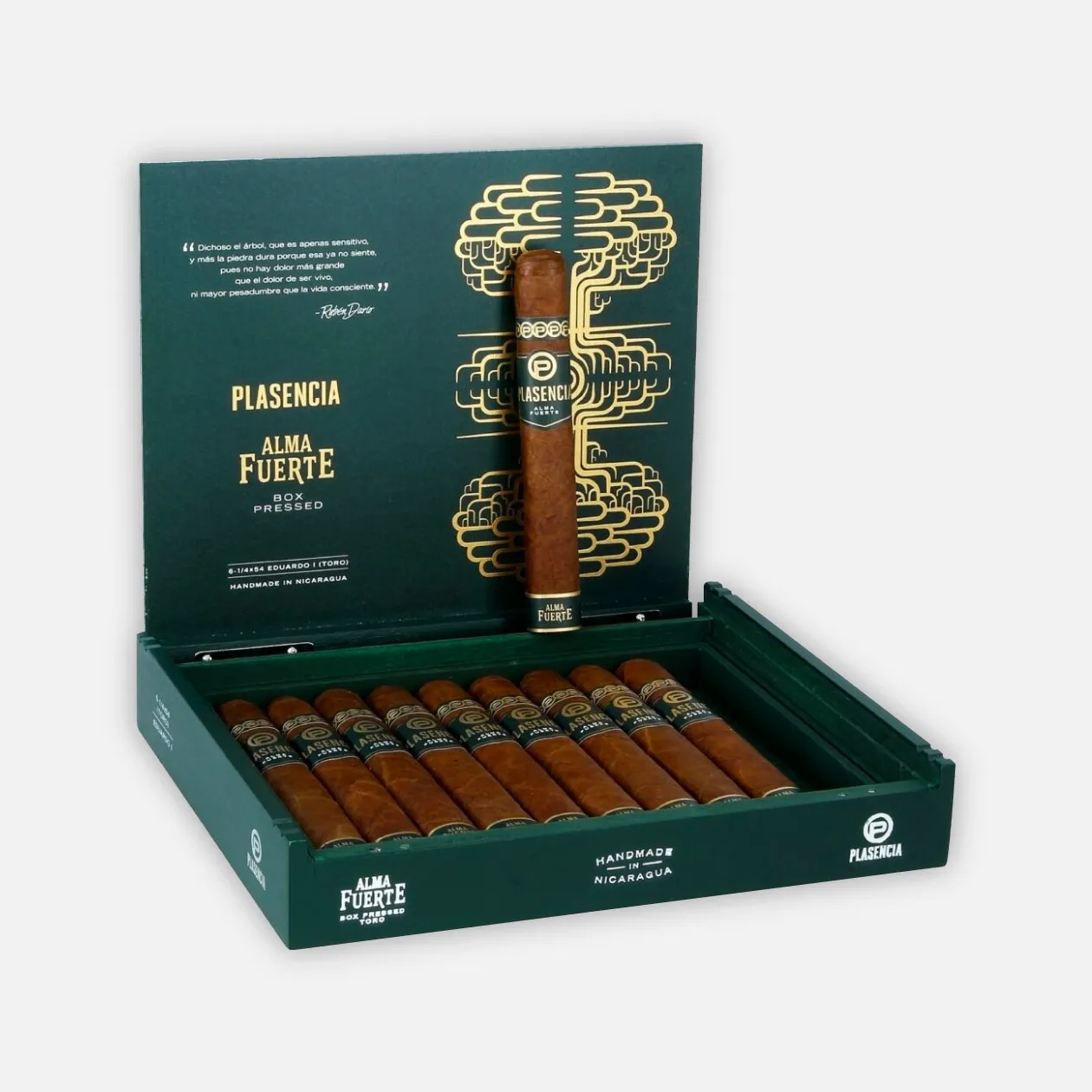 Plasencia Alma Fuerte cigars, box-pressed, elegant packaging.
