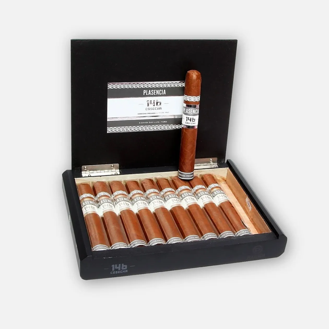 Plasencia 146 Cosecha cigars in a sleek, black open box.
