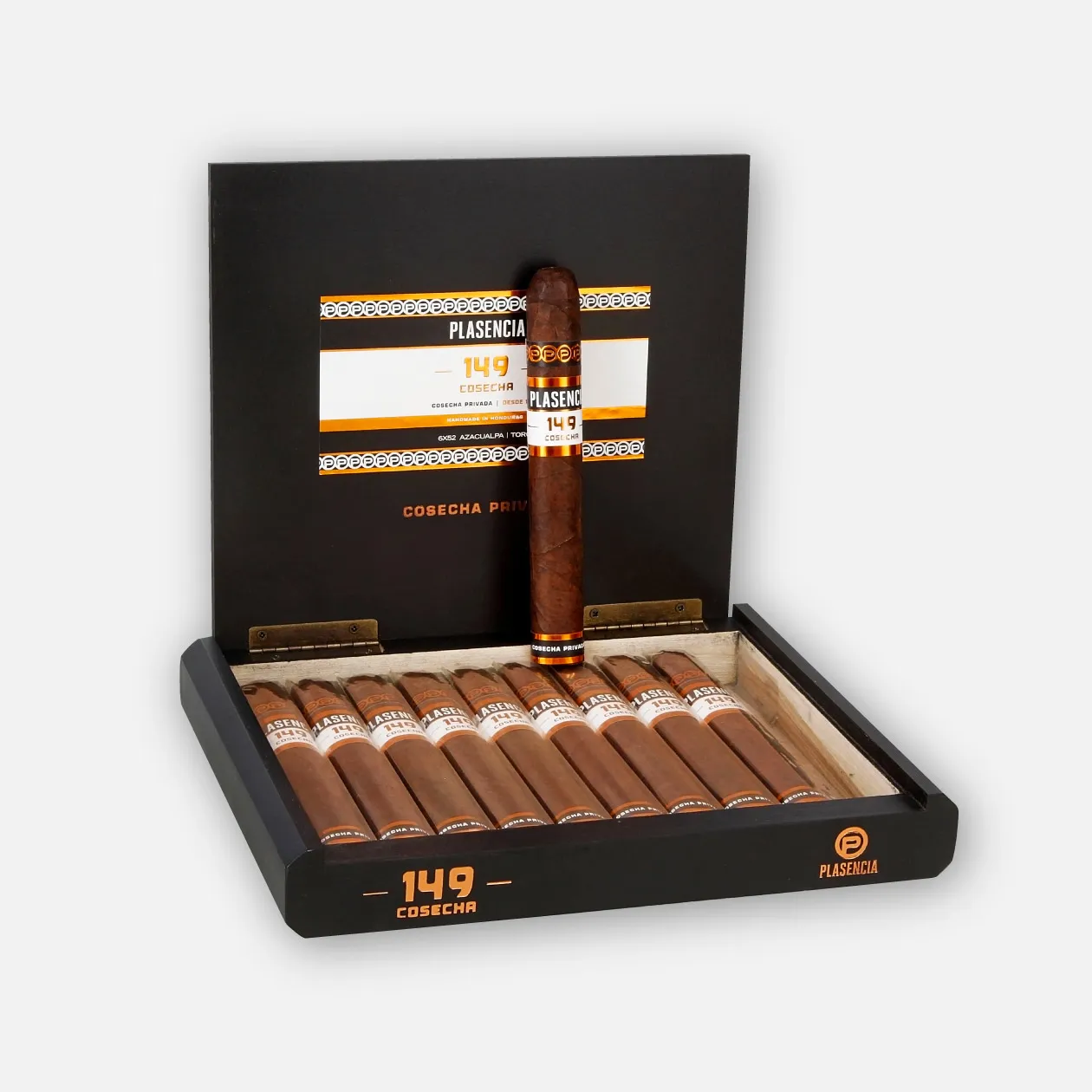 Plasencia 149 Cosecha robusto cigars in elegant black box.