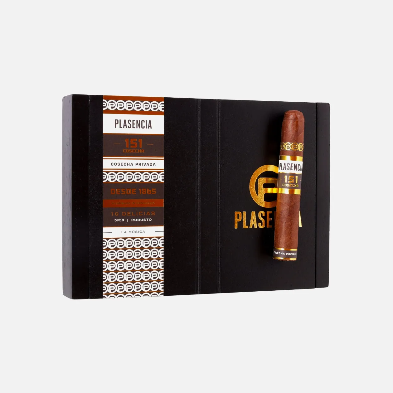 Plasencia 151 Cosecha, premium cigar, elegant black and gold packaging.