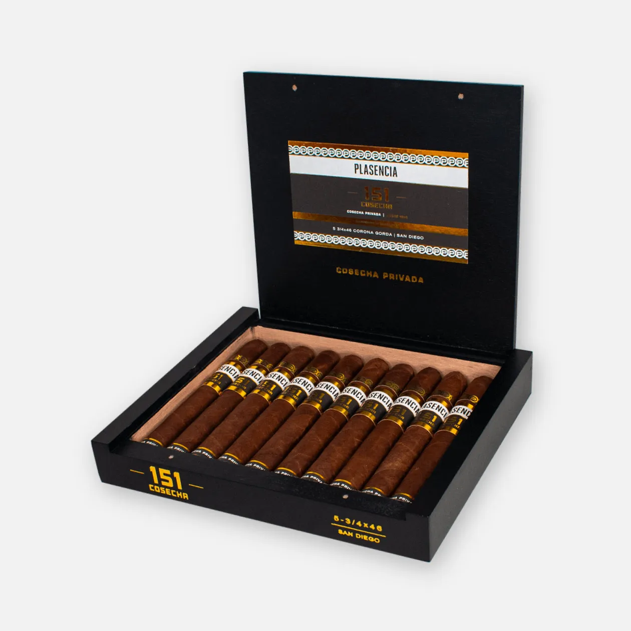 Plasencia 151 Cosecha cigars in elegant black box packaging.