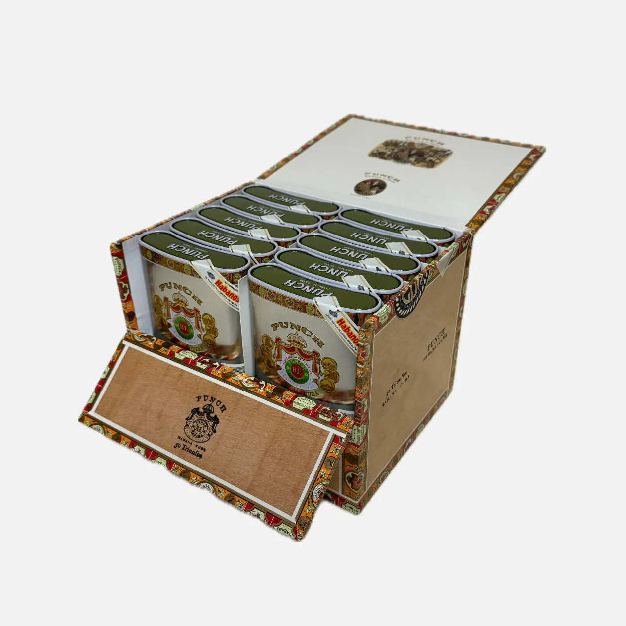 Punch cigars box, Habanos branding, elegant packaging.