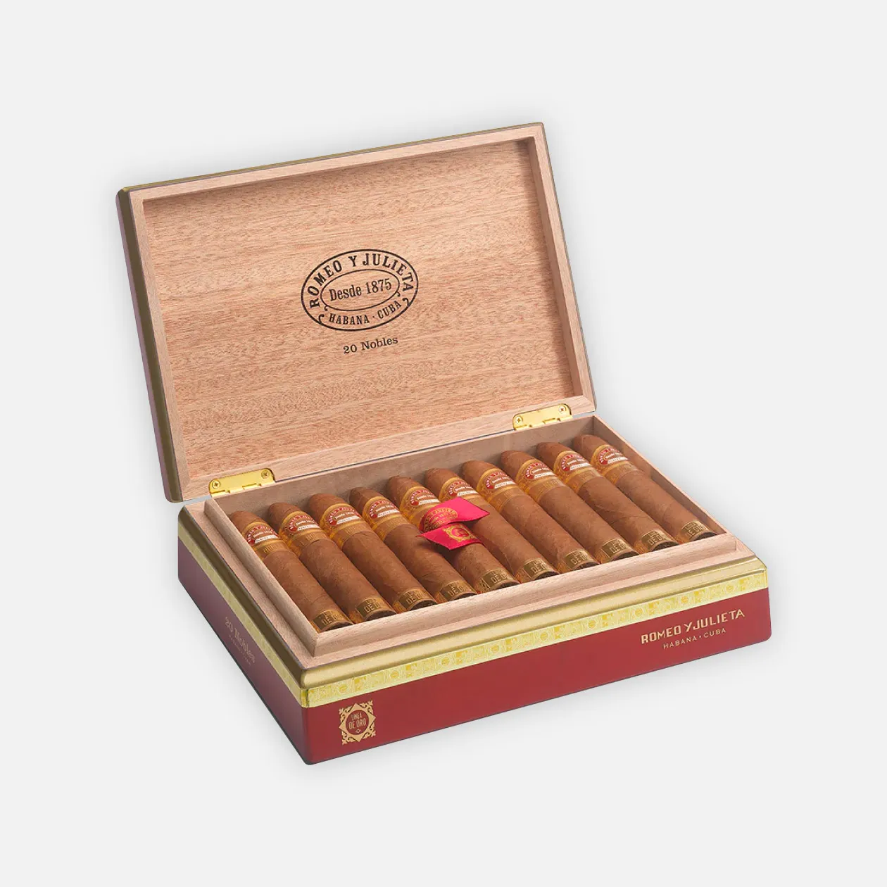Romeo y Julieta premium Cuban cigars in elegant red wooden box.
