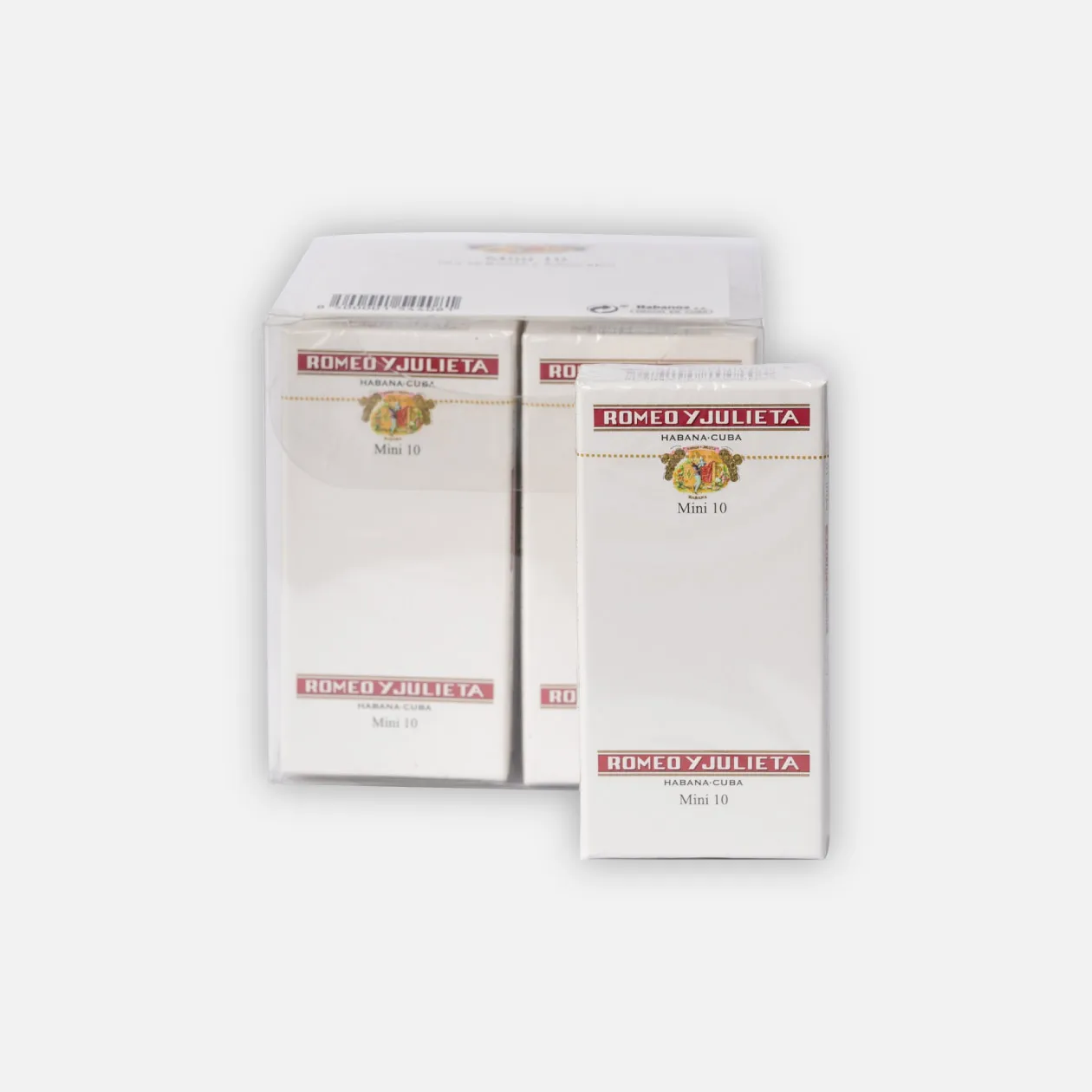 Romeo y Julieta Mini 10, elegant white packaging.