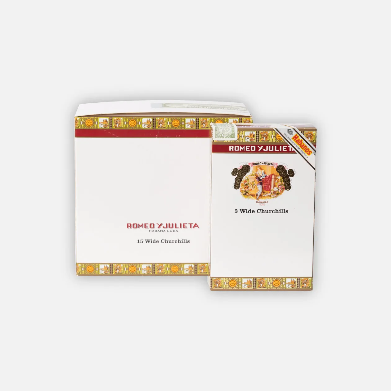 Romeo y Julieta Wide Churchills cigars, classic white and red packaging.