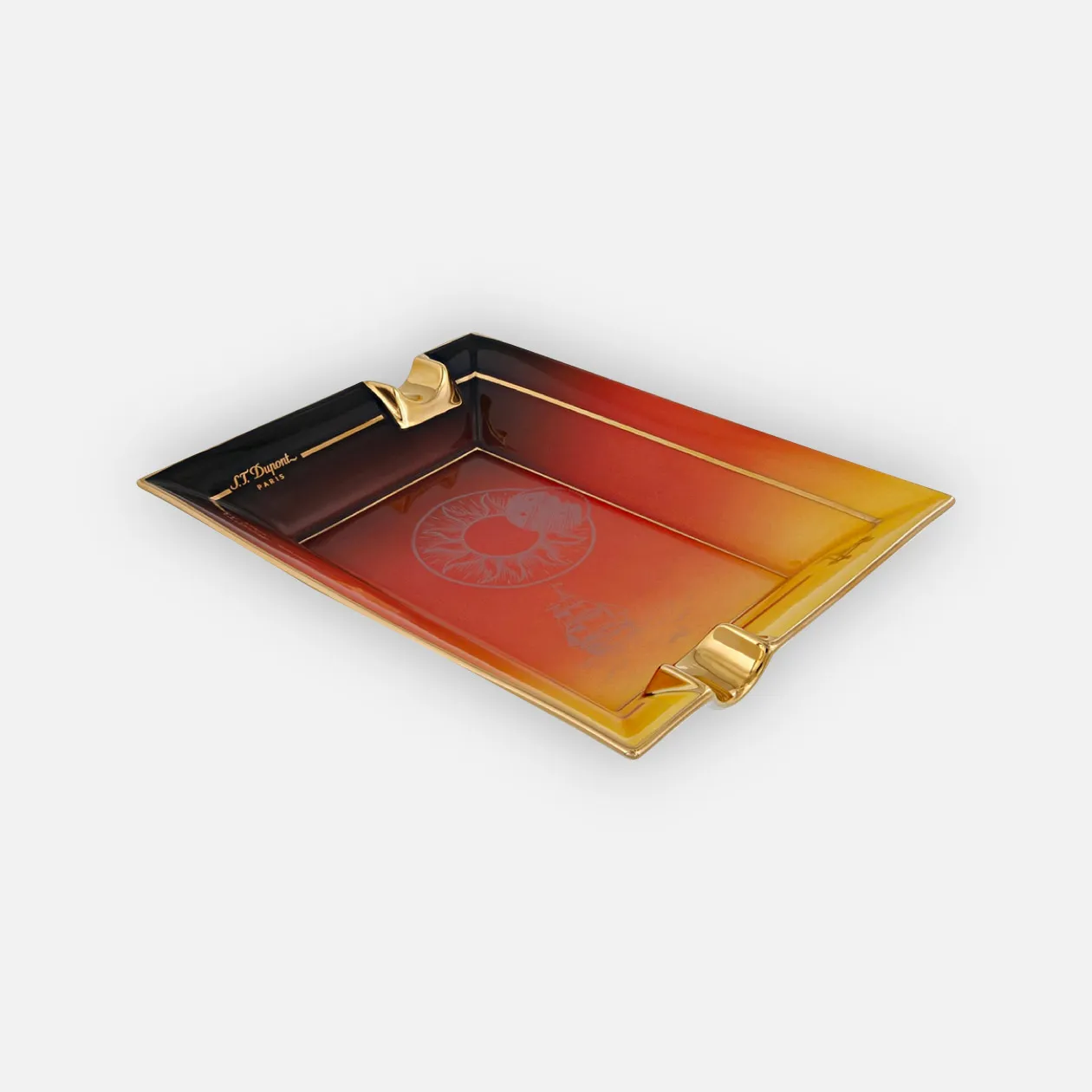 S.T. Dupont colorful luxury ashtray with gold accents.