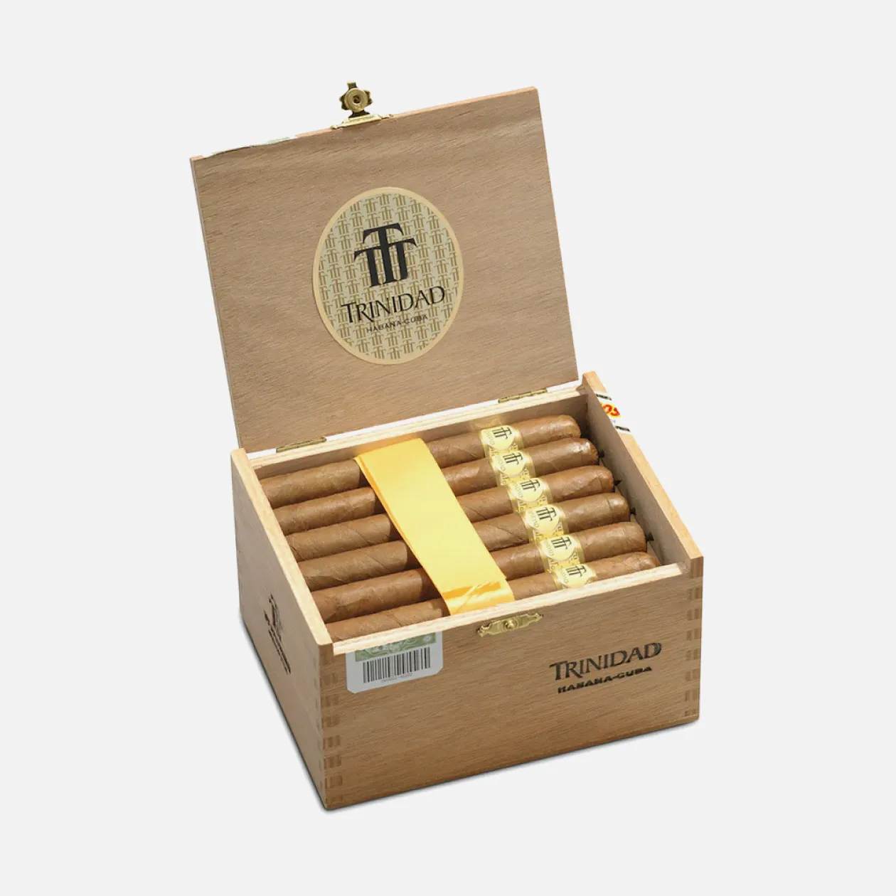 Trinidad cigars in an elegant wooden box with yellow ribbon accent.