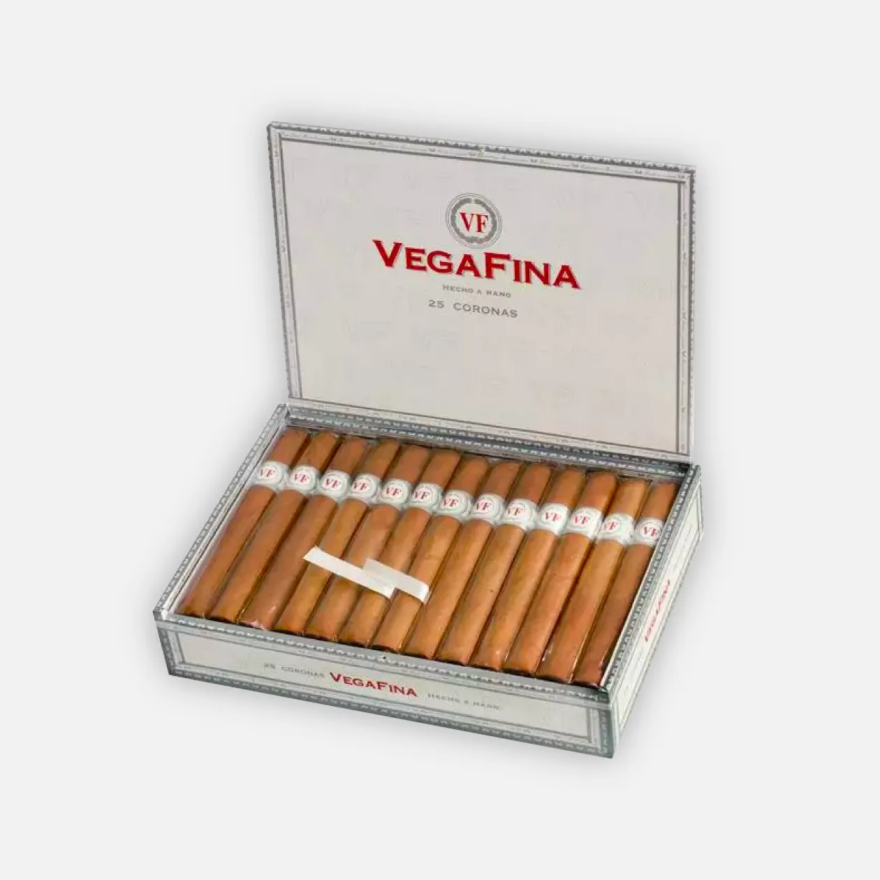 Vegafina Coronas, premium hand-rolled cigars in elegant packaging.