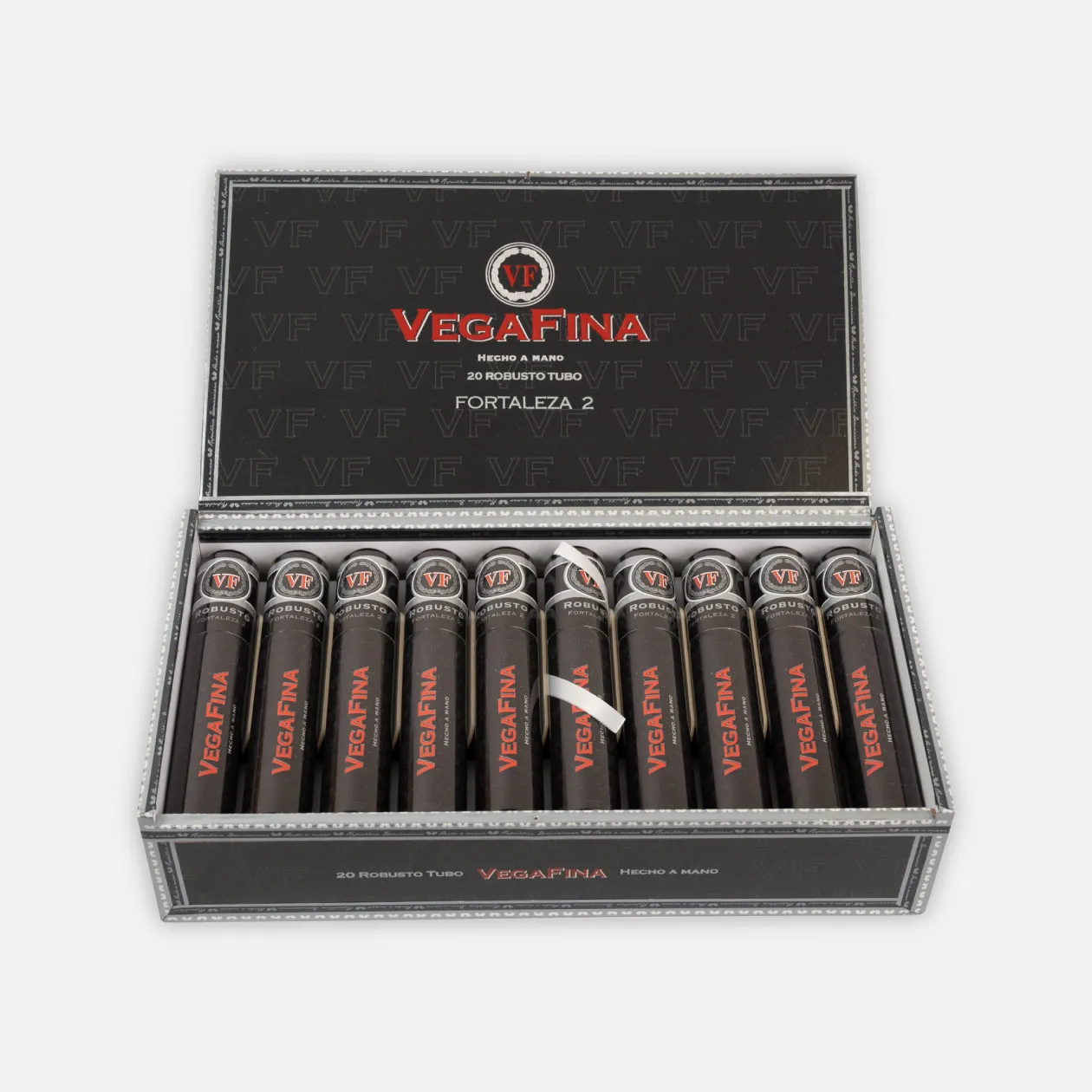 Vegafina Fortaleza 2, robusto tubo cigars in elegant black packaging.
