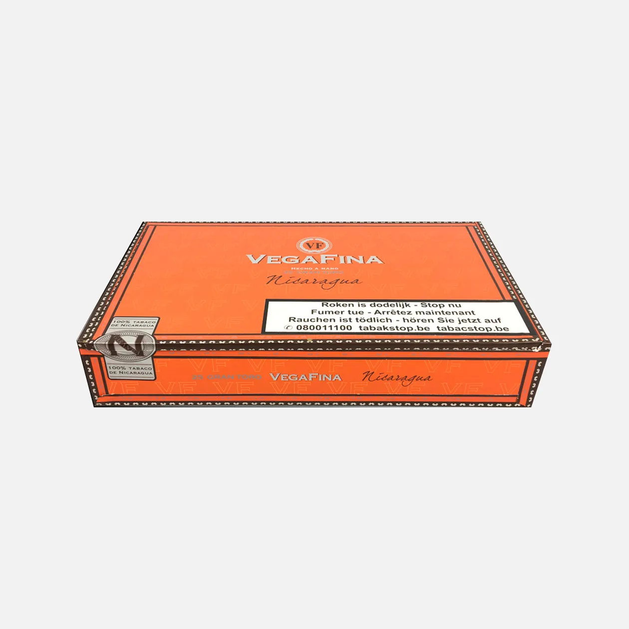Vegafina Nicaragua cigars, vibrant orange box, premium presentation.