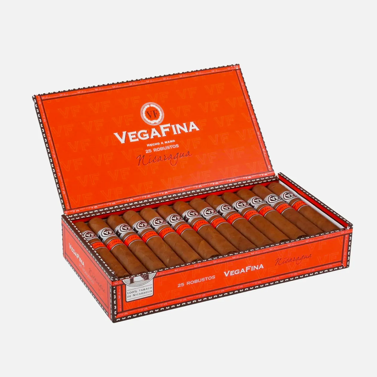 Vegafina Robustos Nicaraguan cigars in an orange box.