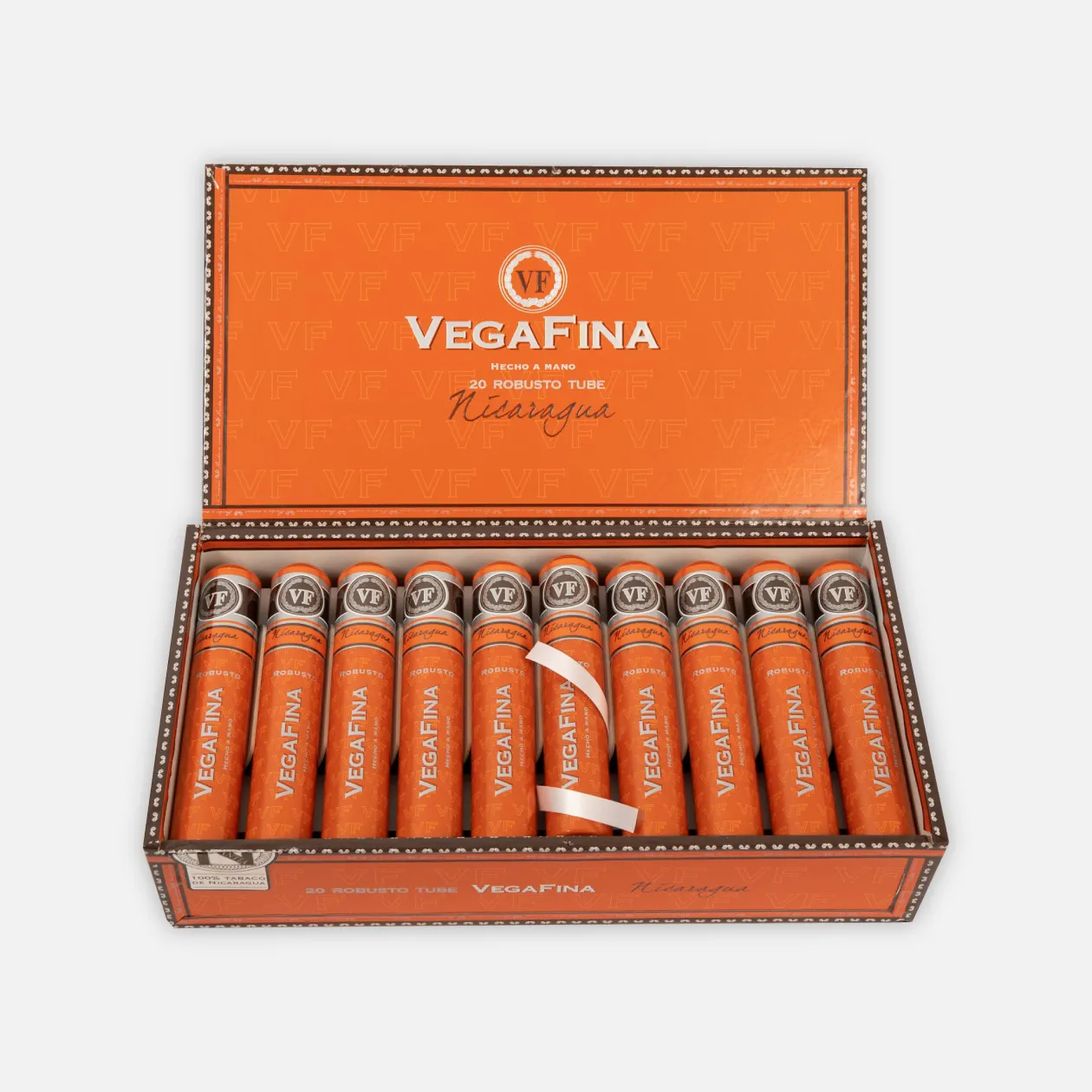 Vegafina Nicaragua Robusto Tube Cigars, vibrant orange packaging.