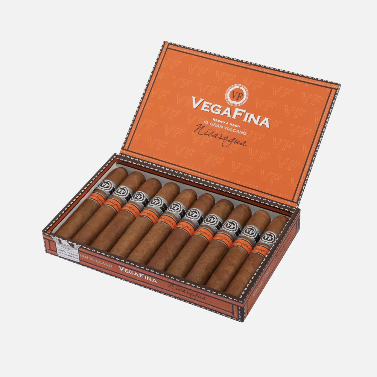 Vegafina Gran Vulcano Nicaraguan cigars in an orange box.