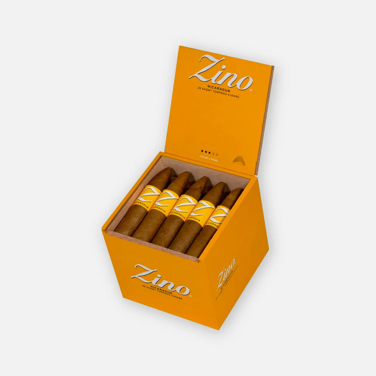 Zino Nicaraguan short torpedo cigars in vibrant yellow box.