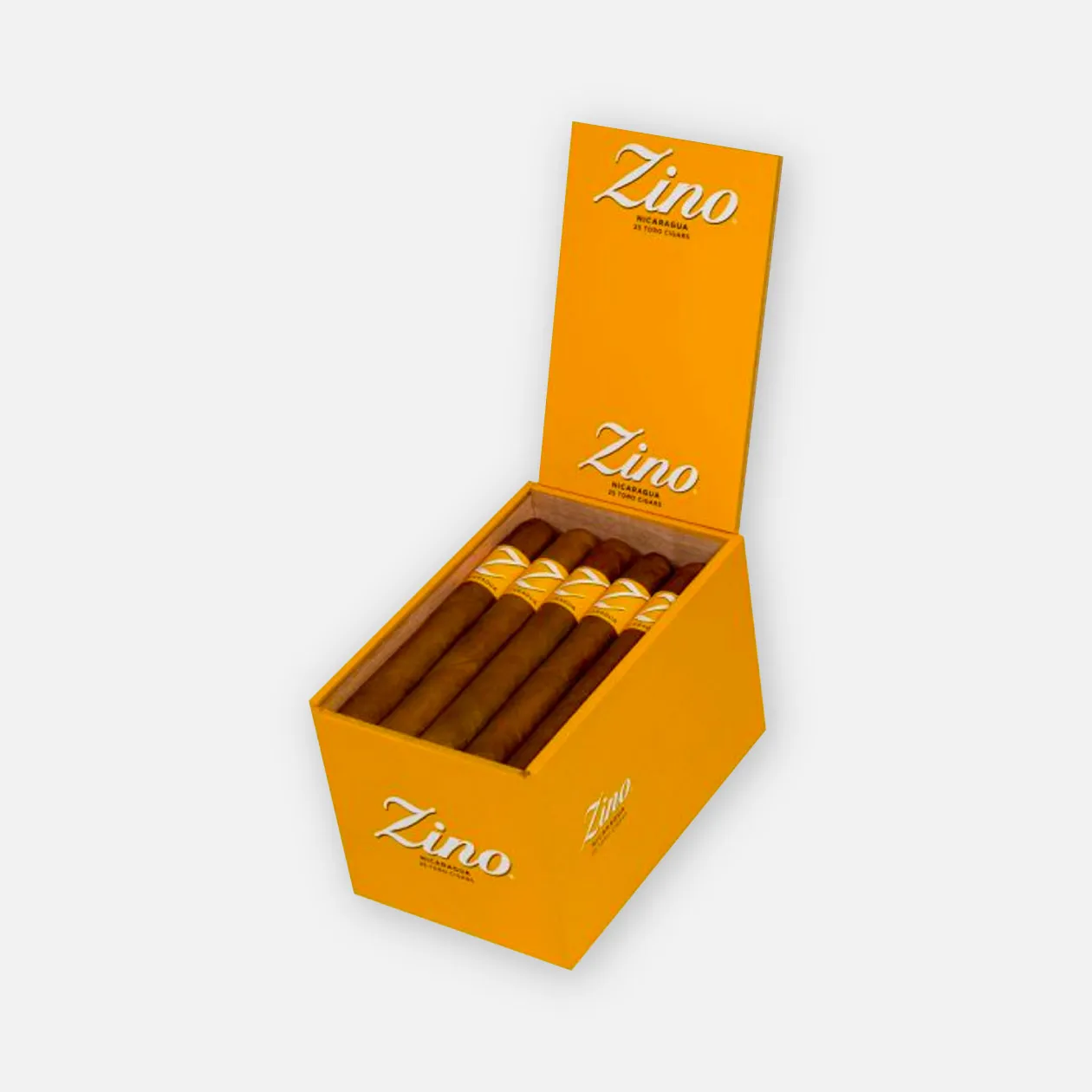 Zino Nicaragua Toro cigars, vibrant orange box, premium presentation.