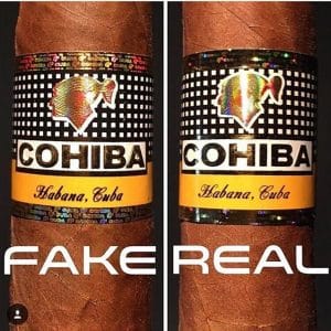 Close-up of a Cohiba band and box seal used to tell a genuine cigar from a fake